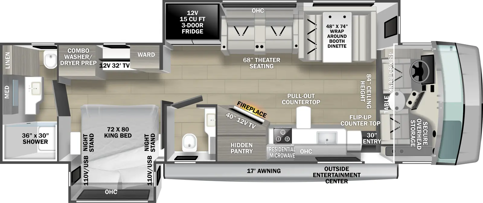 The 34DS has two slideouts and one entry. Exterior features a 17 foot awning, and outside entertainment center. Interior layout front to back: cockpit with secure overhead storage, bunk above, and table between the seats; 84" ceiling height; off-door side slideout with wrap around booth dinette, theater seating with overhead cabinet, and 12V 3-door refrigerator; door side entry, kitchen counter with extension, sink, overhead cabinet, residential microwave, cooktop, and 12V TV and fireplace with a hidden pantry behind; door side half-bathroom; bedroom with door side king bed slideout with overhead cabinet and nightstand with 110V outlet and USB port on each side, and off-door side wardrobes with TV, and combo washer/dryer prep; rear full bathroom with linen closet and medicine cabinet.